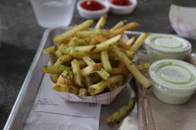 A french fry balancing act.